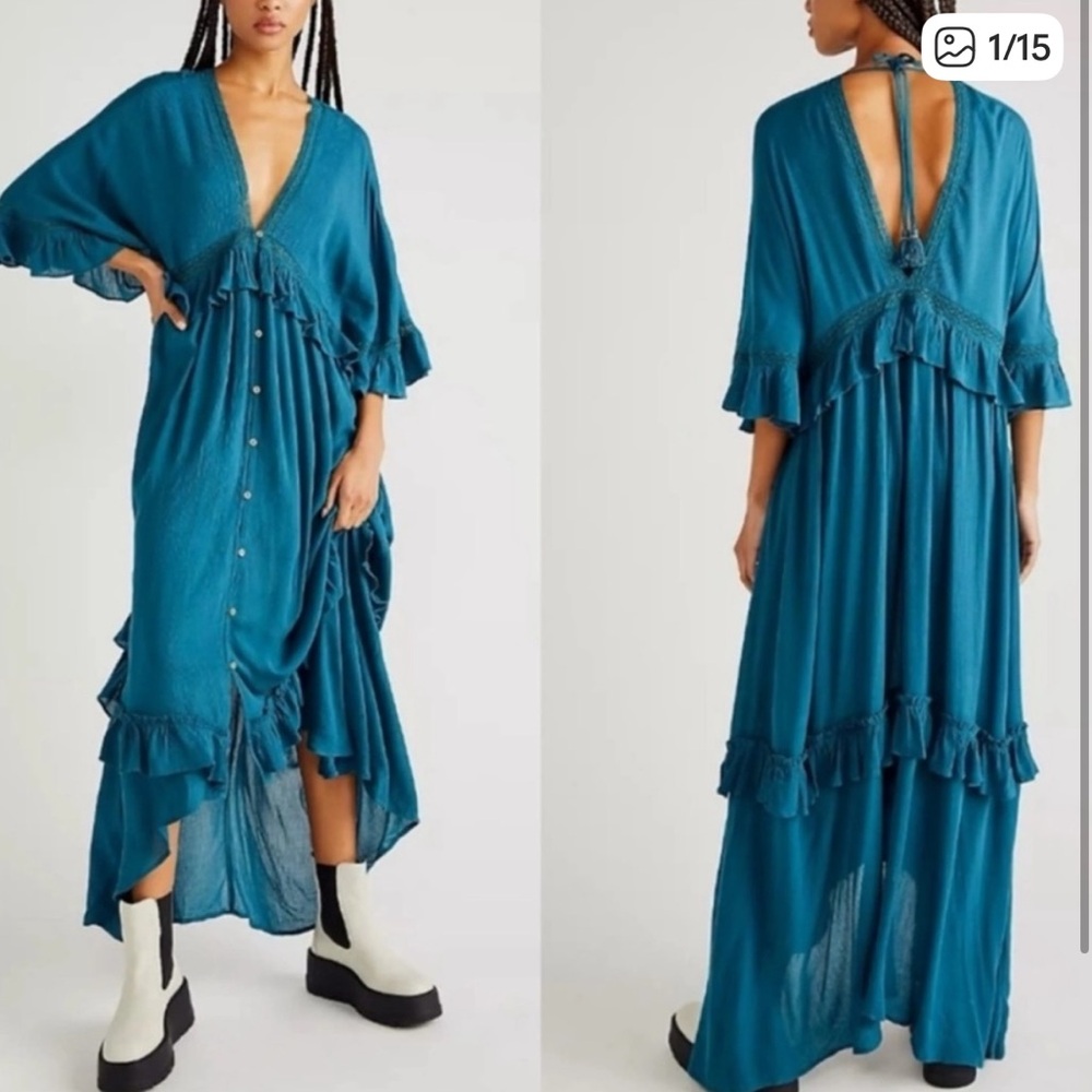 Free People Teal Ruffle Maxi Dress